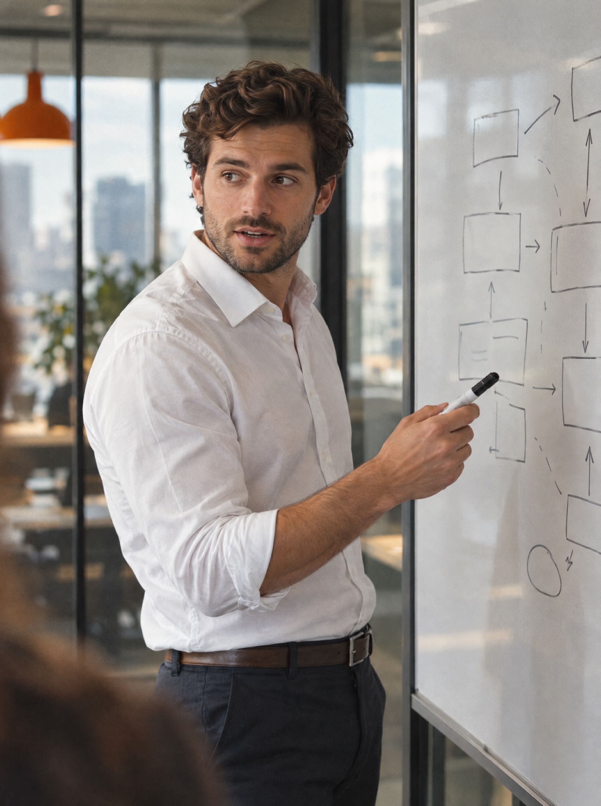 An account executive at a whiteboard, turning to speak.