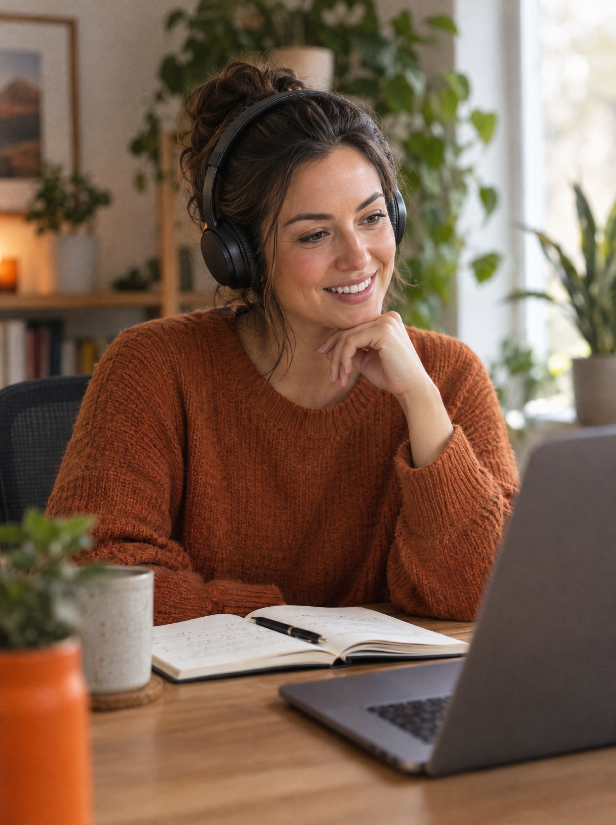 A customer success manager on a video call with headphones.