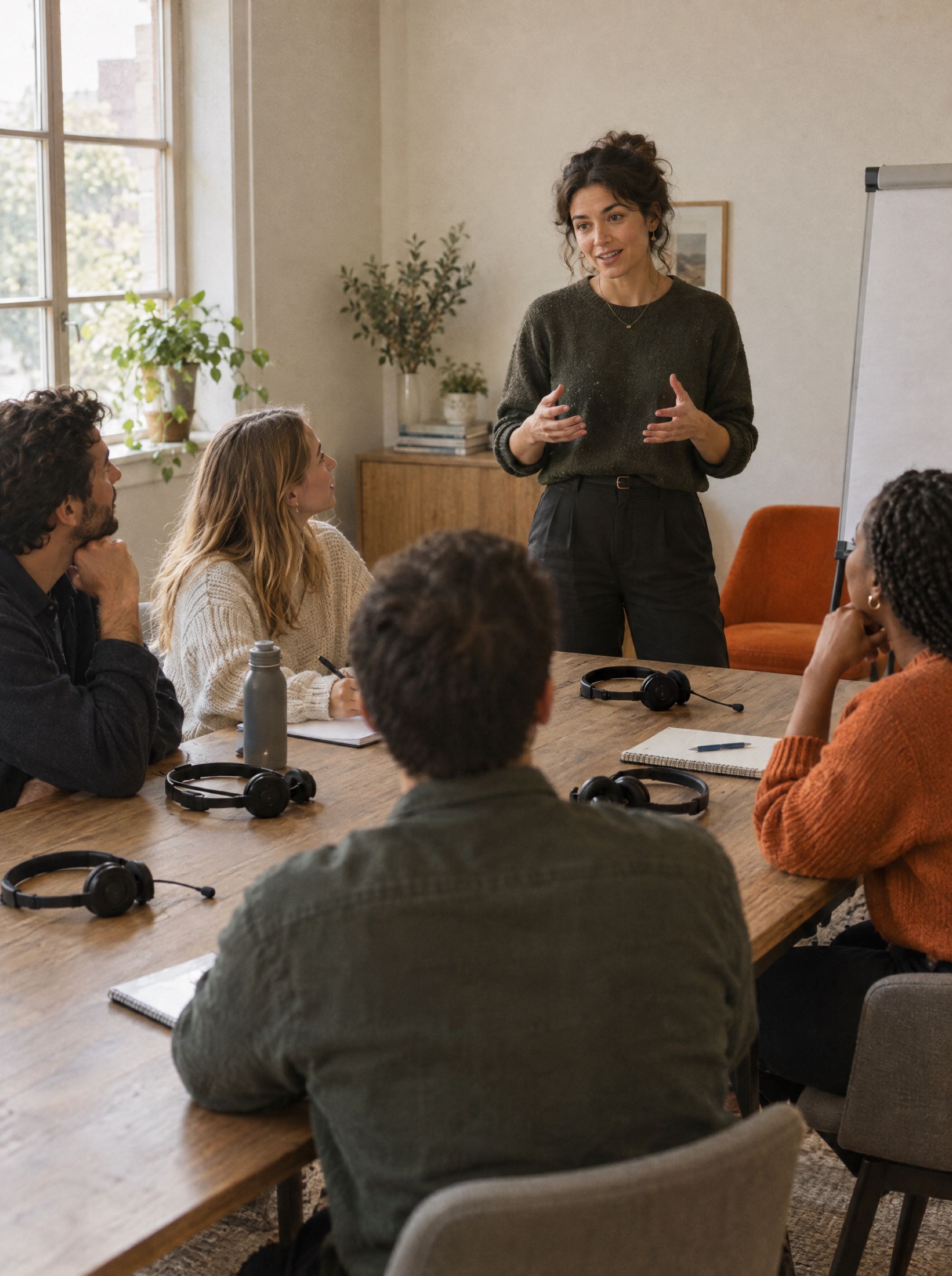 An enablement lead running a workshop for four reps.