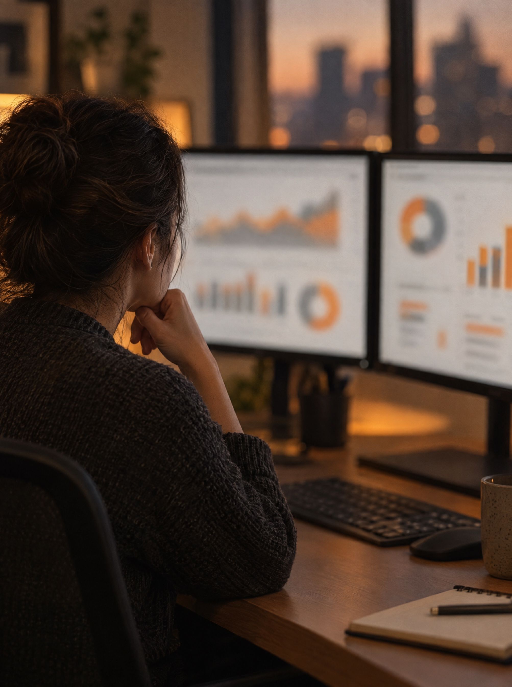 A revenue operations analyst looking at charts on two monitors.