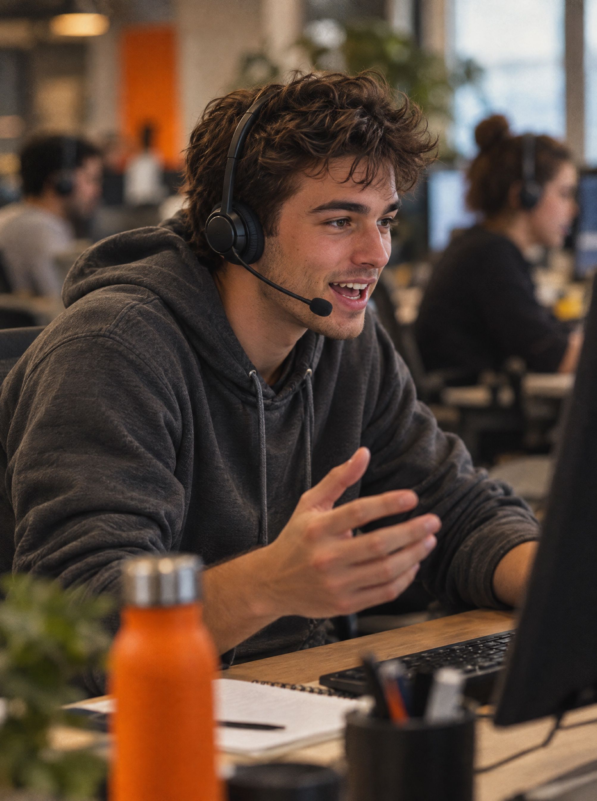 An SDR in a hoodie on a headset, mid cold call.