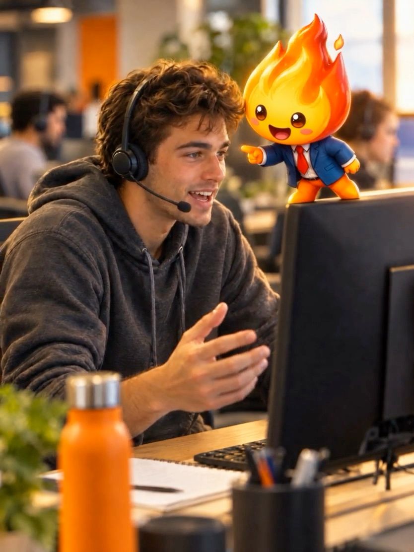 An SDR on a headset answering confidently while Blaze, the FireCoach mascot, coaches him from the top of his monitor.