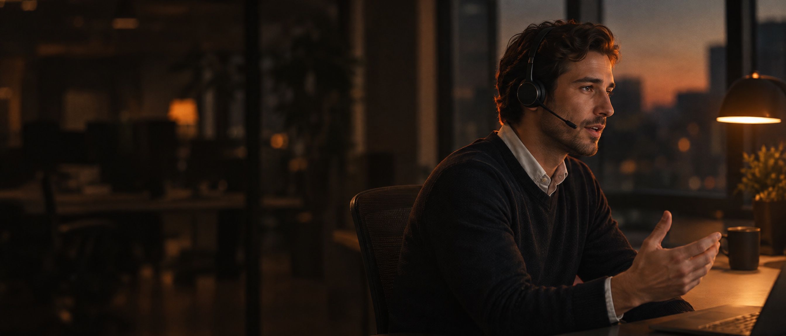 A sales rep on a headset mid-call in an office at dusk.