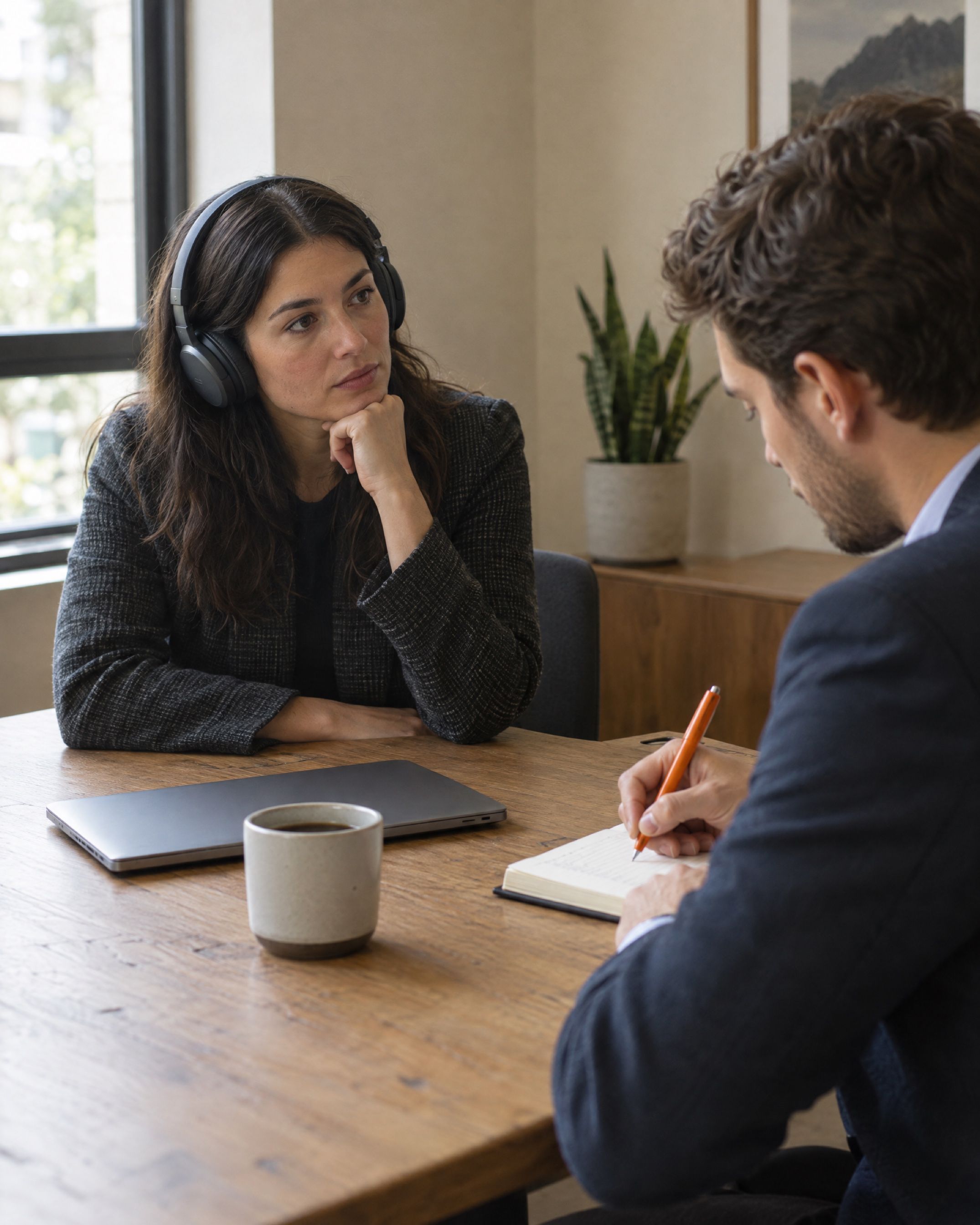 Two people at a table, one listening on headphones, the other taking notes by hand.