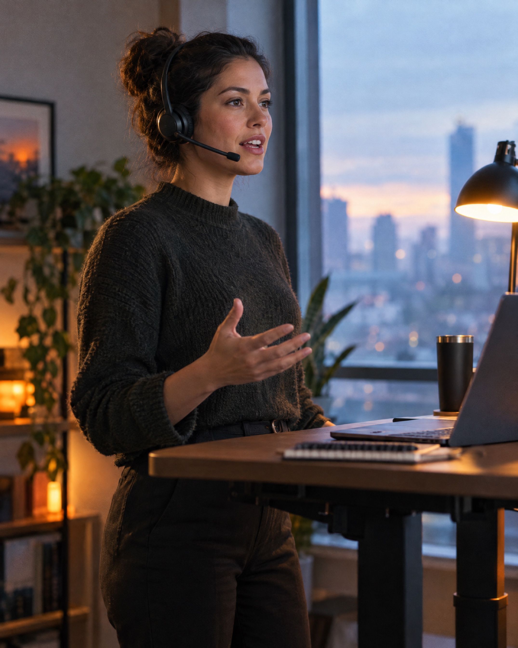 A rep at a standing desk in morning light, wearing a headset, rehearsing out loud.