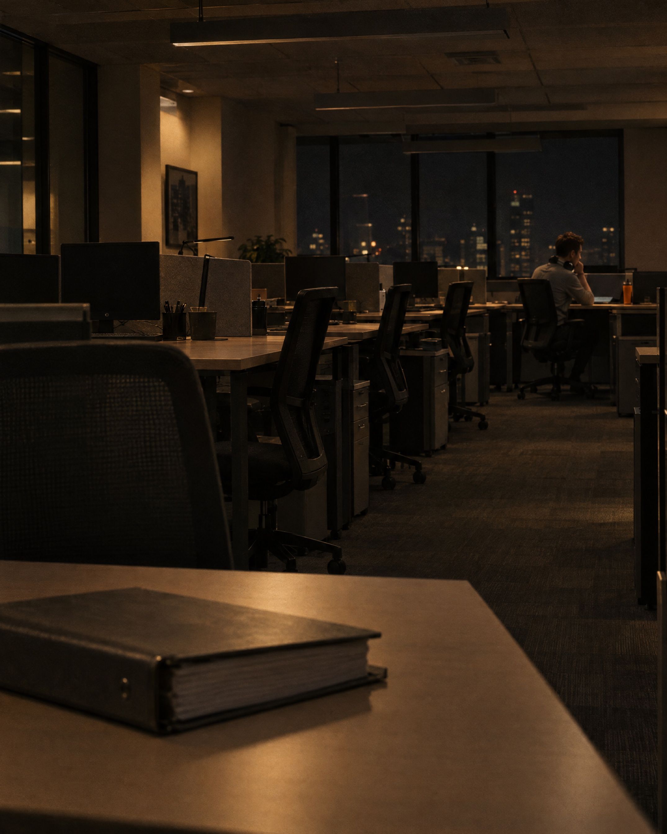An empty sales floor in the evening, one rep alone at the far end, a closed binder on the nearest desk.